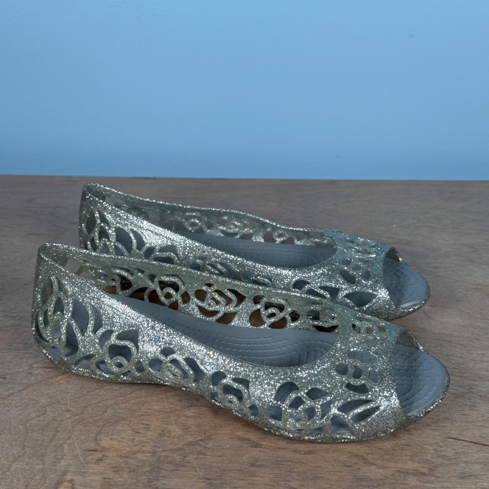 Crocs Isabella Glitter Flat Women 5 Silver Peep Toe Floral Cutout Jelly Shoe